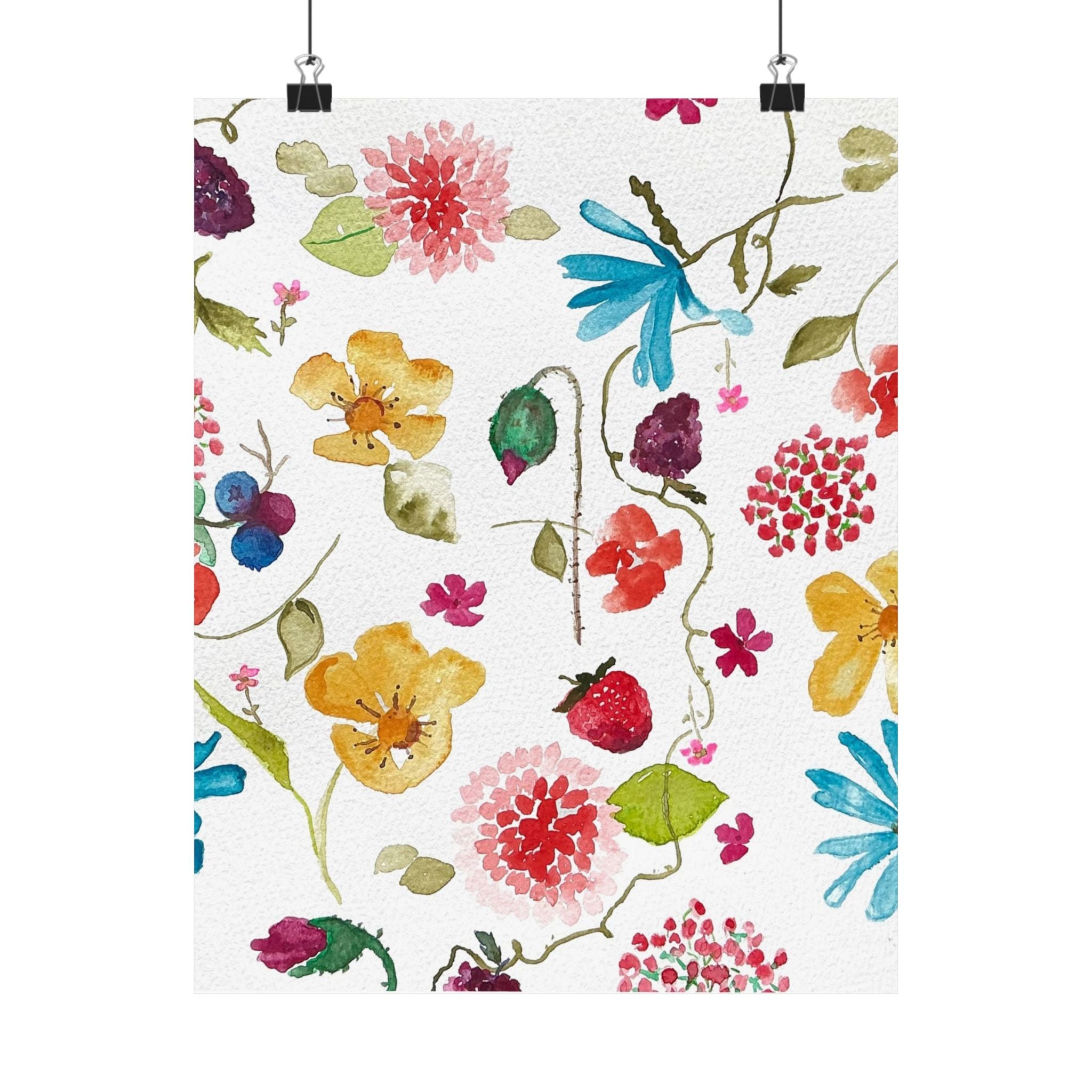 Satin Poster — Cheerful Watercolor Flowers & Berries Print