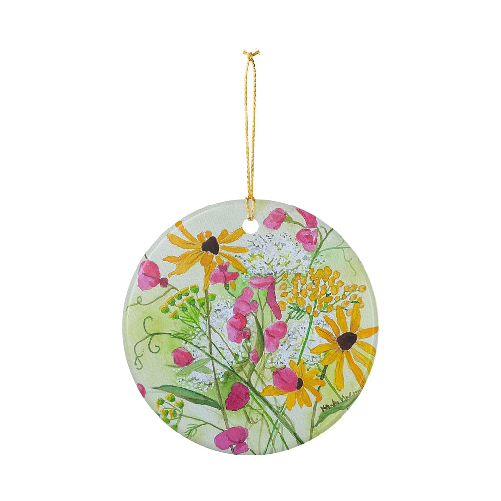 Michigan Wildflowers Ceramic Ornament — July Queen Anne’s Lace, Sweet Pea & Brown-Eyed Susan Watercolor