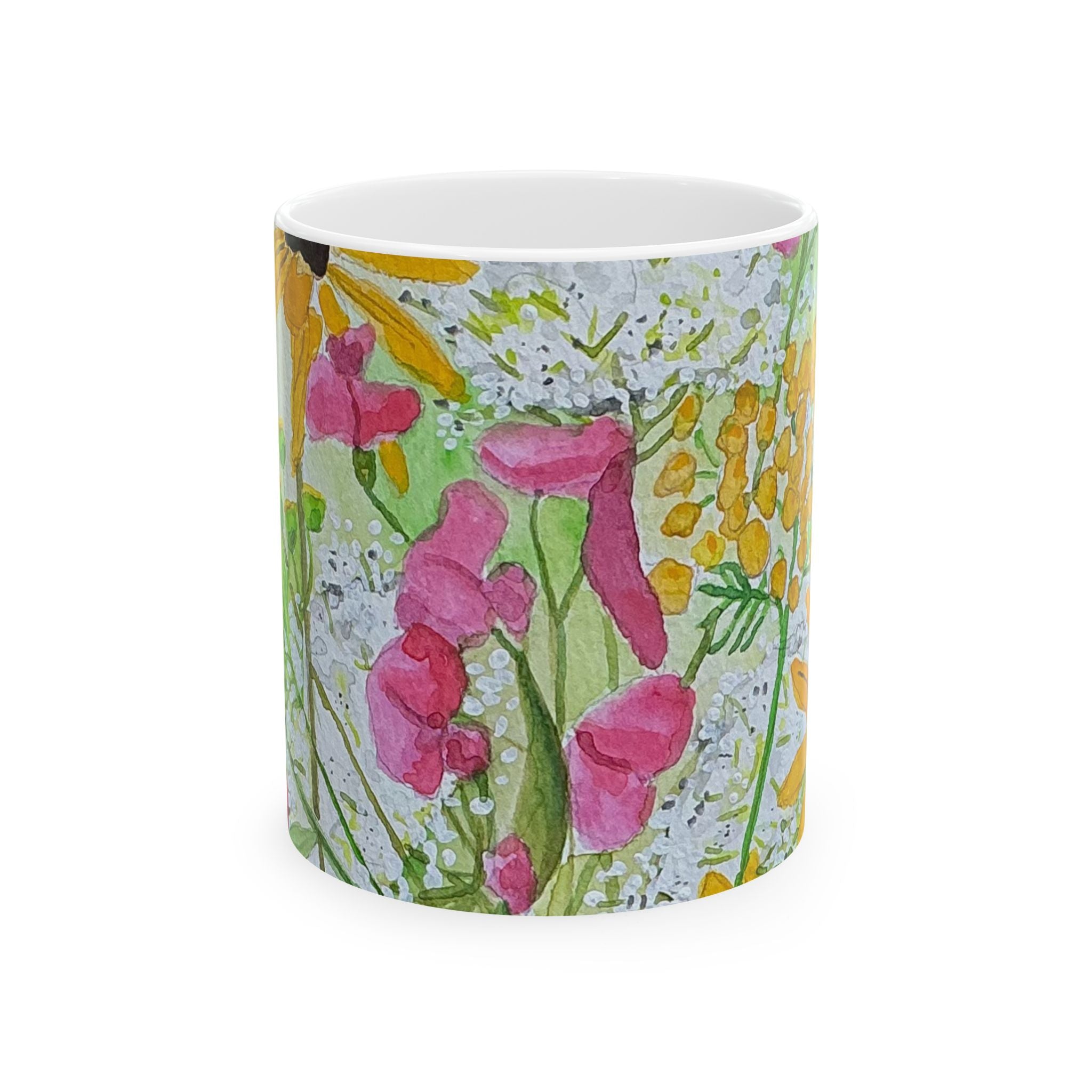Wildflower Watercolor Ceramic Mug — Sweet Pea, Brown Eyed Susan & Queen Anne's Lace (11oz/15oz)