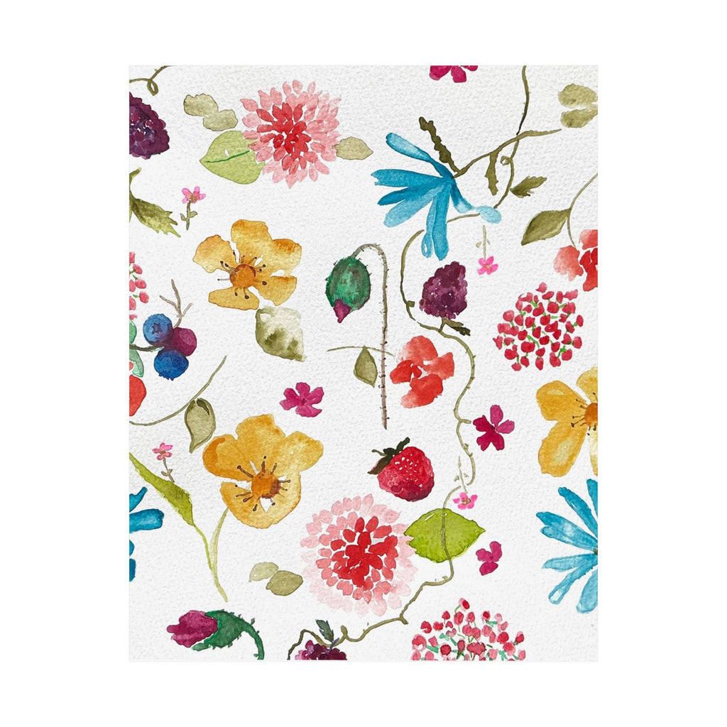Satin Poster — Cheerful Watercolor Flowers & Berries Print