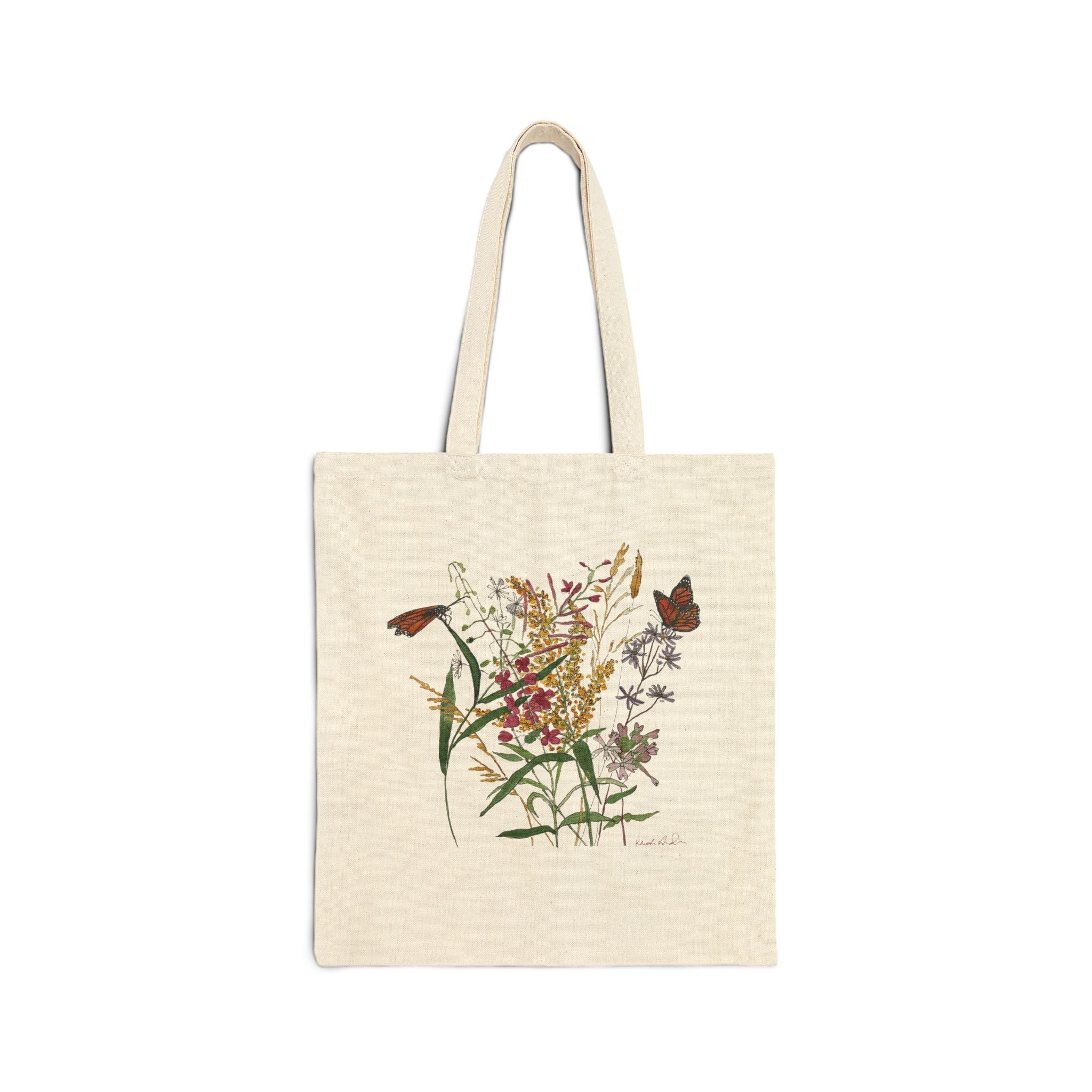 Watercolor Wildflowers & Butterflies Cotton Canvas Tote Bag