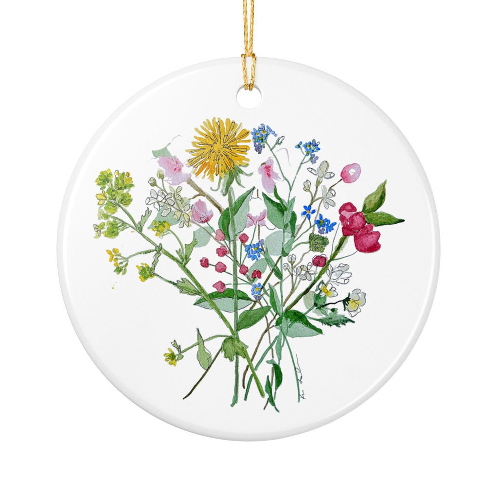 Michigan Wildflowers Ceramic Ornament — Watercolor Dandelion, Apple Blossom & Forget-Me-Not