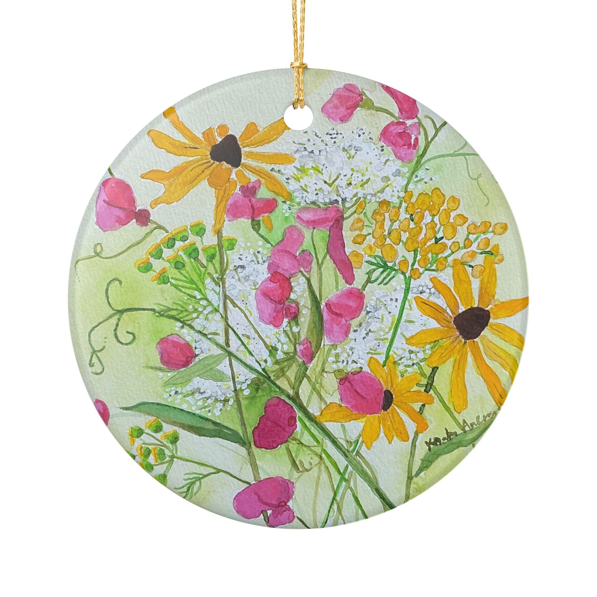 Michigan Wildflowers Ceramic Ornament — July Queen Anne’s Lace, Sweet Pea & Brown-Eyed Susan Watercolor