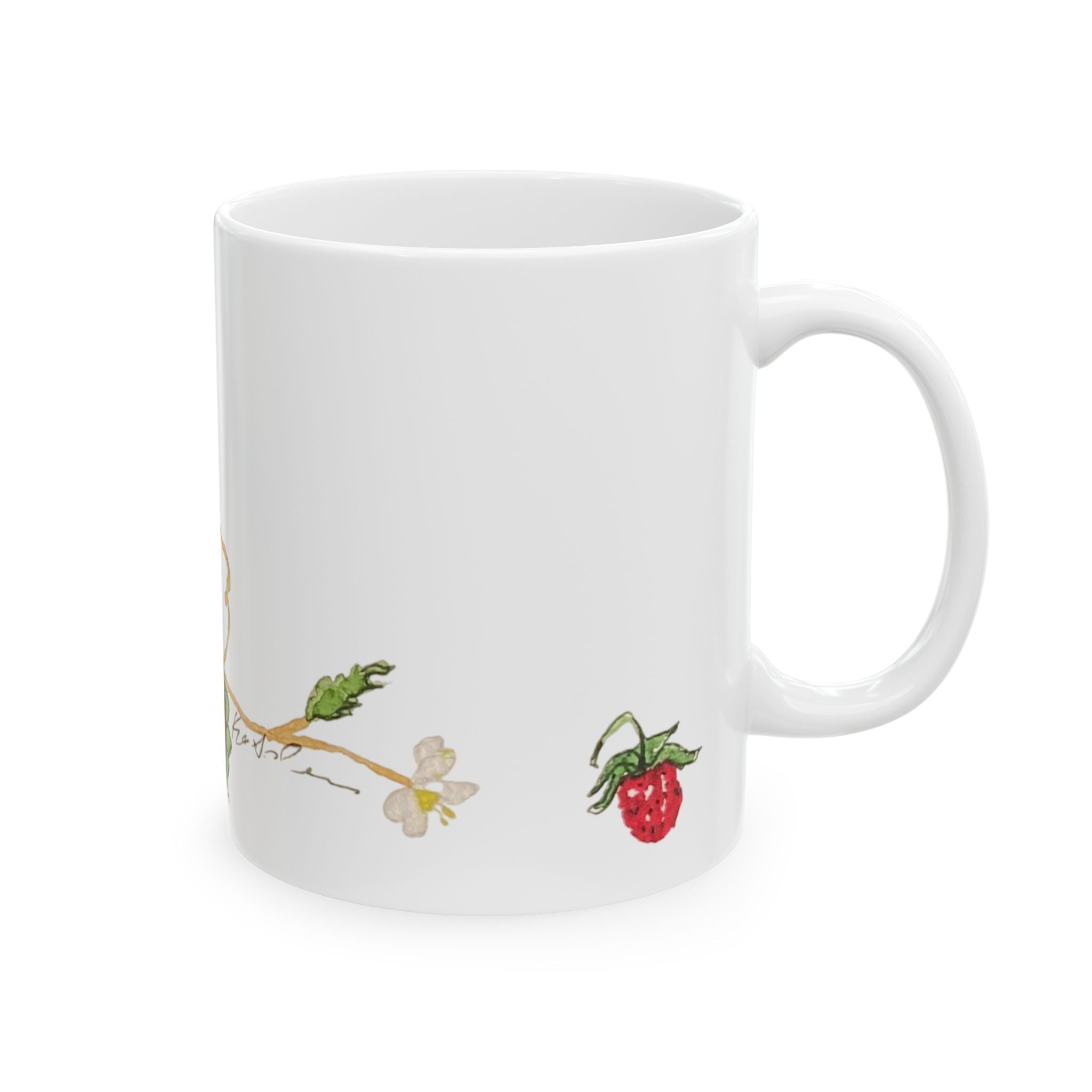 Wild Strawberry Ink & Watercolor Ceramic Mug — Hand-Painted Floral Coffee Cup (11oz, 15oz)