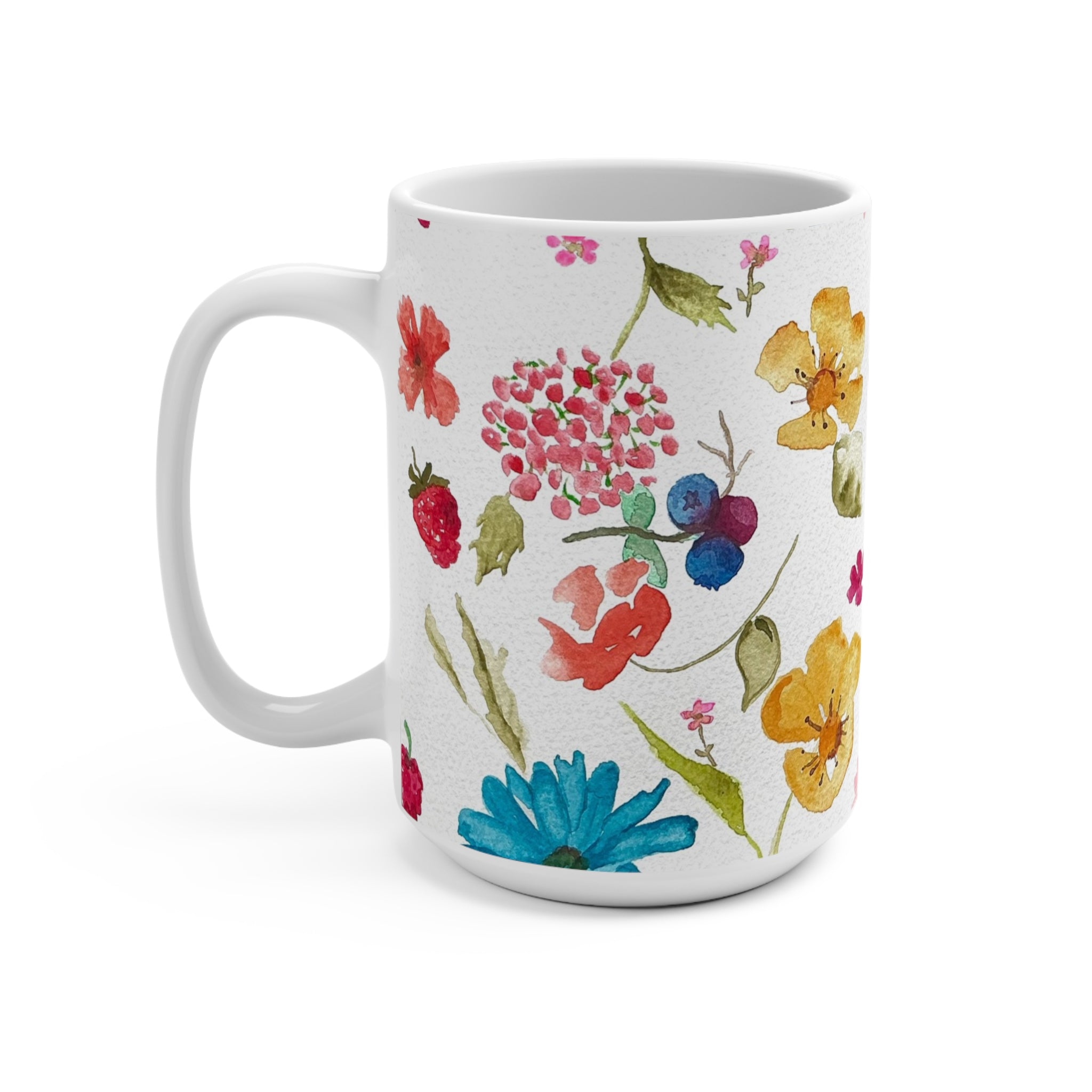 15oz Watercolor Berries & Flowers Mug — Cheerful Bright Floral Berry Coffee Cup