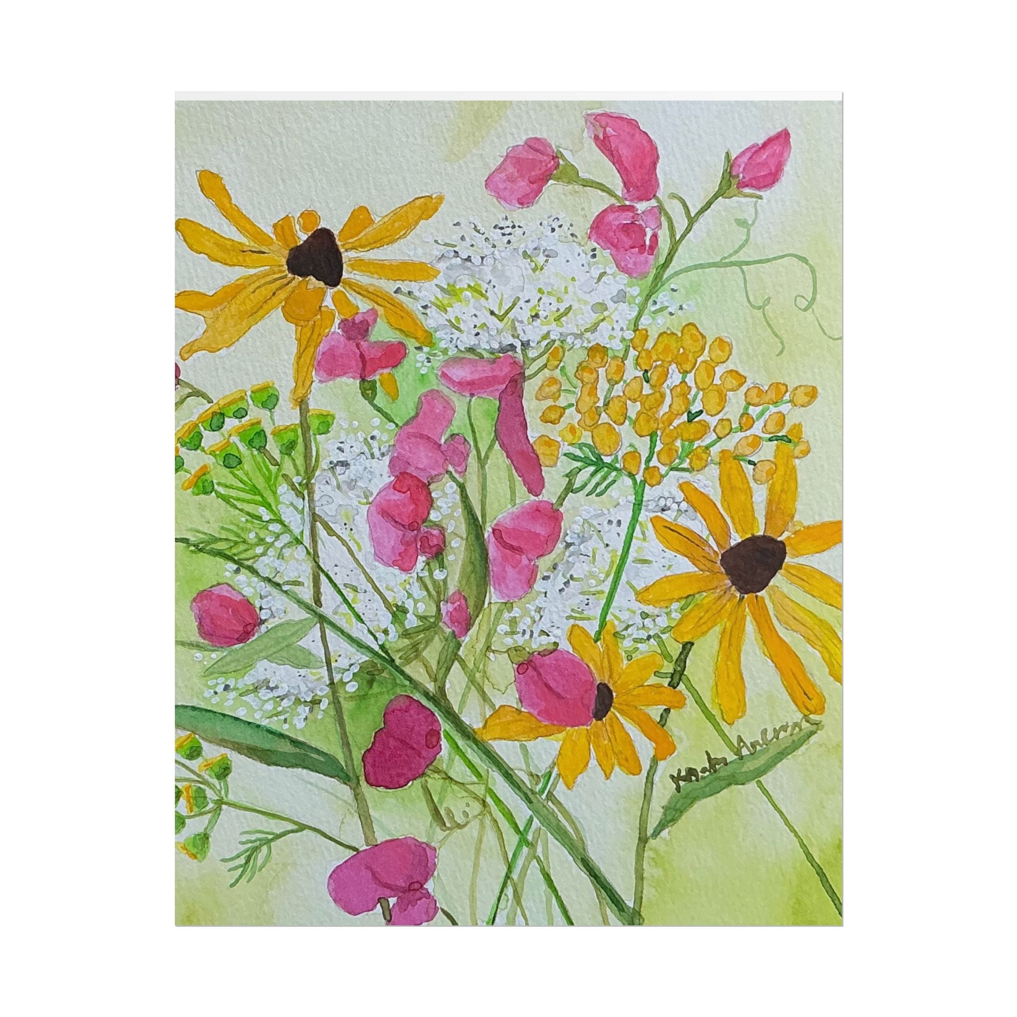 July Michigan Wildflowers Rolled Poster — Brown Eyed Susan, Queen Anne's Lace & Sweet Peas Watercolor