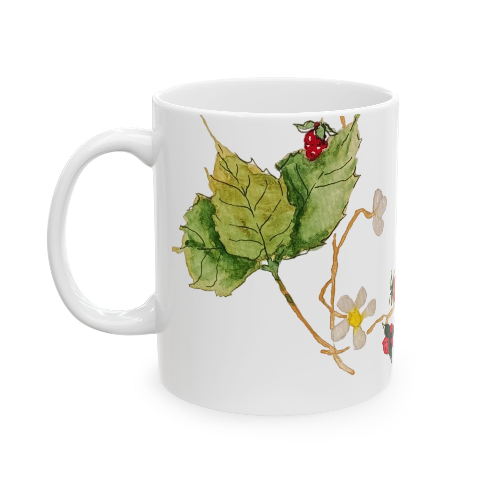 Wild Strawberry Ink & Watercolor Ceramic Mug — Hand-Painted Floral Coffee Cup (11oz, 15oz)