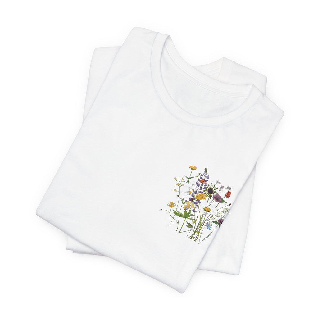 Michigan June Wildflowers Watercolor Tee — Front Pocket & Full-Back Floral Print
