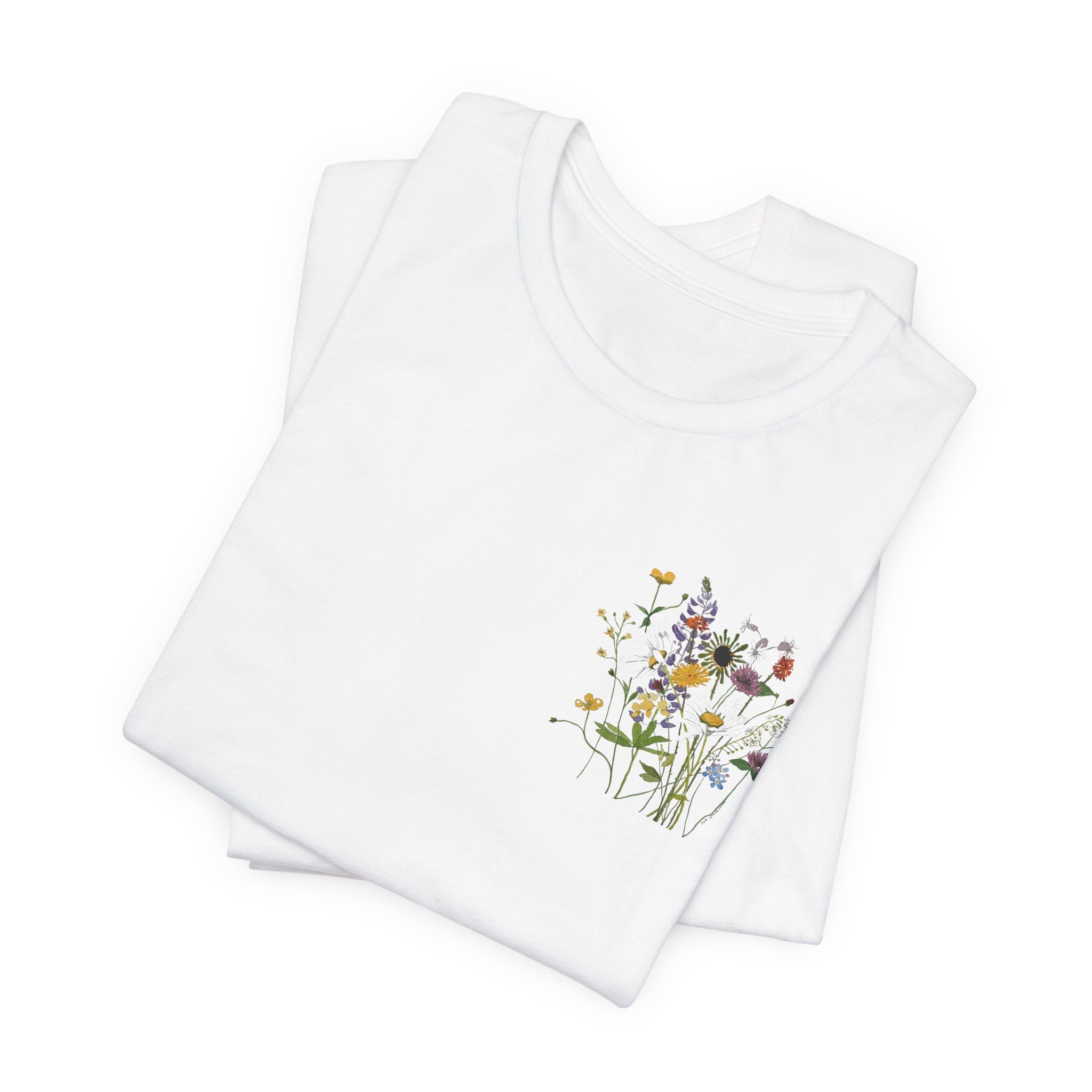 Michigan June Wildflowers Watercolor Tee — Front Pocket & Full-Back Floral Print