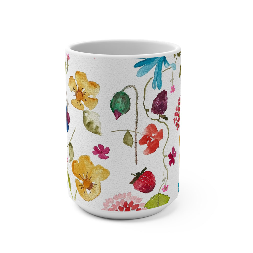 15oz Watercolor Berries & Flowers Mug — Cheerful Bright Floral Berry Coffee Cup