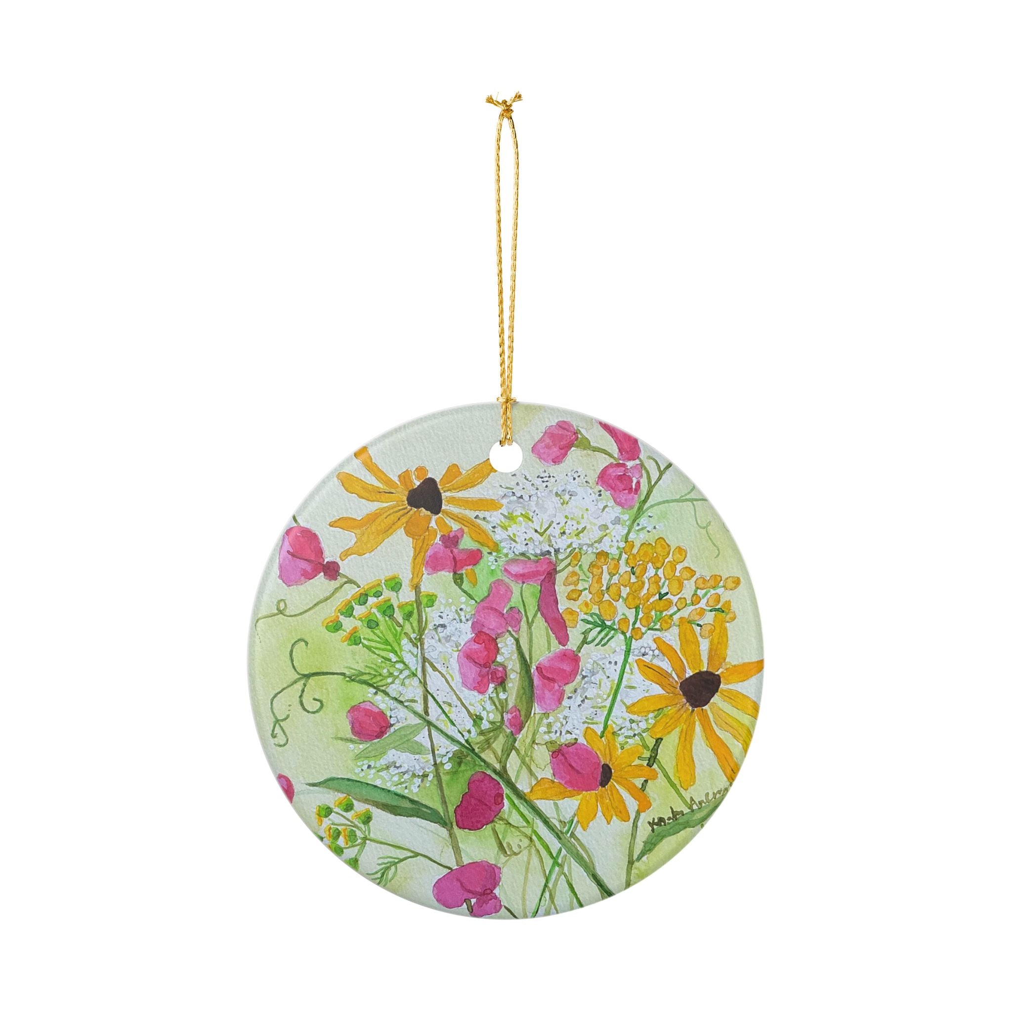 Michigan Wildflowers Ceramic Ornament — July Queen Anne’s Lace, Sweet Pea & Brown-Eyed Susan Watercolor