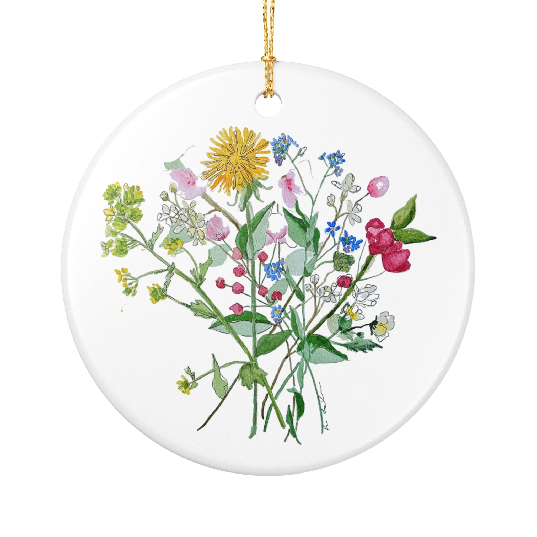 Michigan Wildflowers Ceramic Ornament — Watercolor Dandelion, Apple Blossom & Forget-Me-Not
