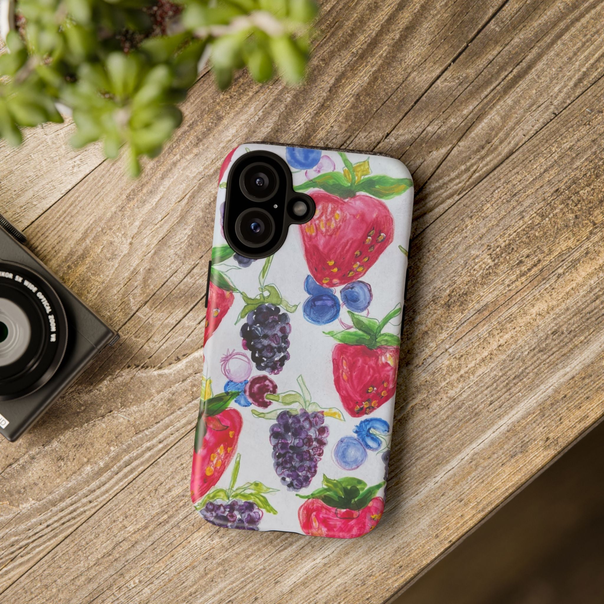 Berry Watercolor Tough Phone Case — Strawberry, Blueberry & Blackberry Protective Cover