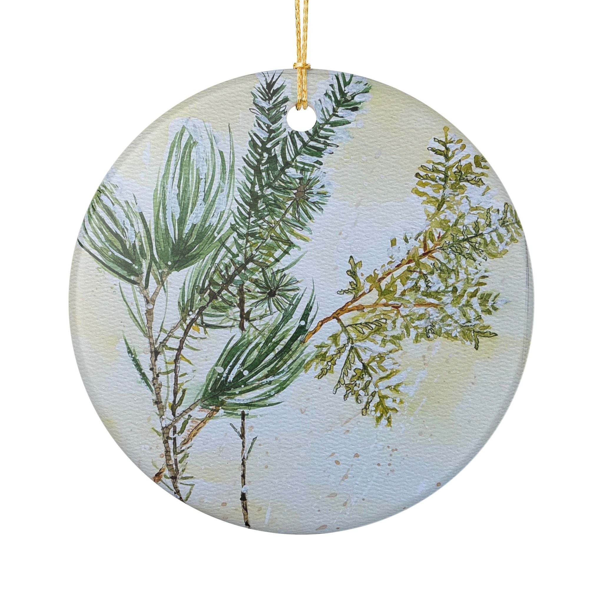 Watercolor Evergreen Ornament — White Pine, Cedar & Tamarack Holiday Decoration