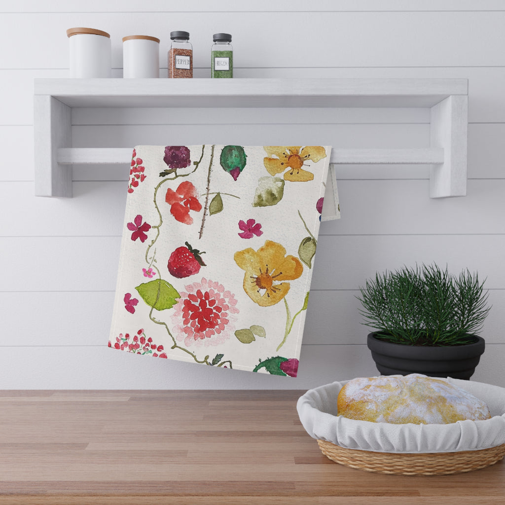 Watercolor Berries & Flowers Cotton Tea Towel
