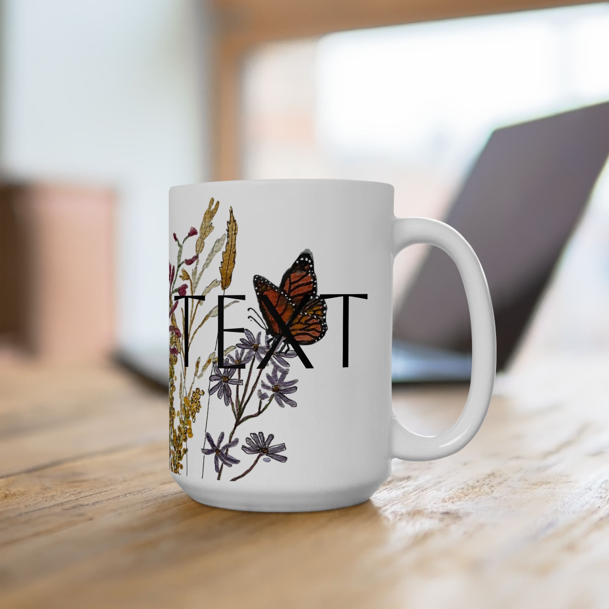 Wildflower & Monarch Butterfly Ceramic Mug — Watercolor Floral Coffee Cup (11oz, 15oz)