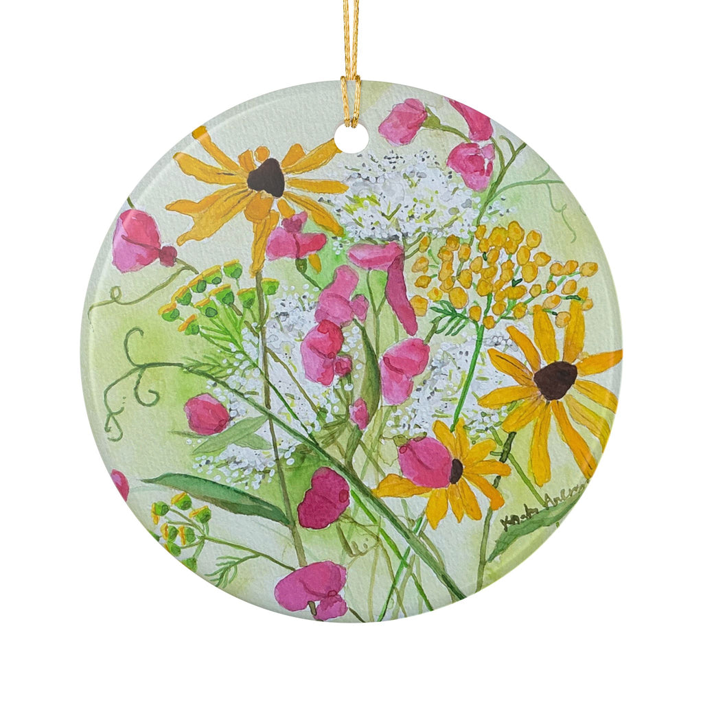 Michigan Wildflowers Ceramic Ornament — July Queen Anne’s Lace, Sweet Pea & Brown-Eyed Susan Watercolor