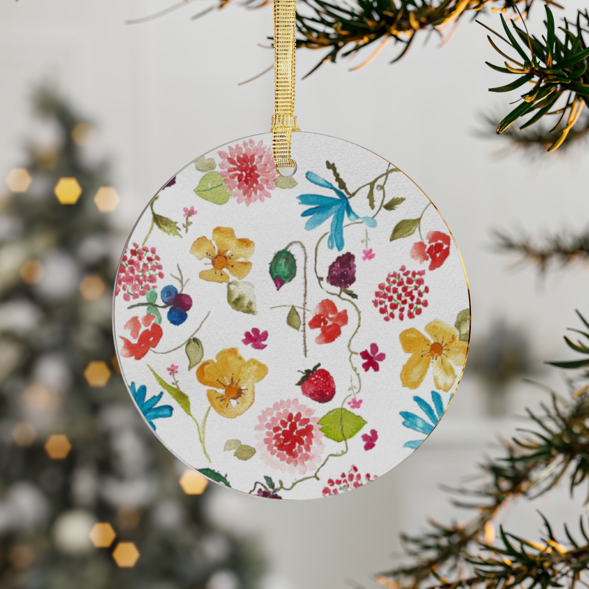 Cheerful Watercolor Flowers & Berries Acrylic Ornament