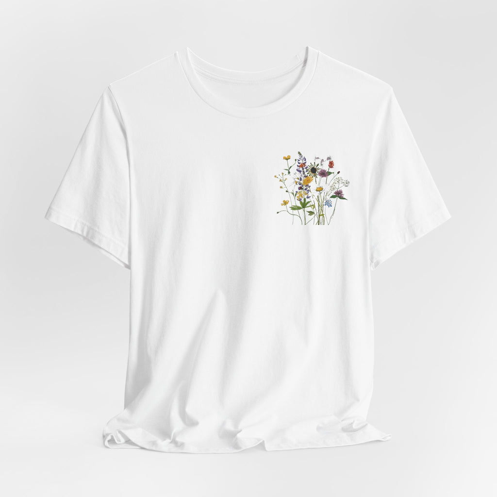Michigan June Wildflowers Watercolor Tee — Front Pocket & Full-Back Floral Print