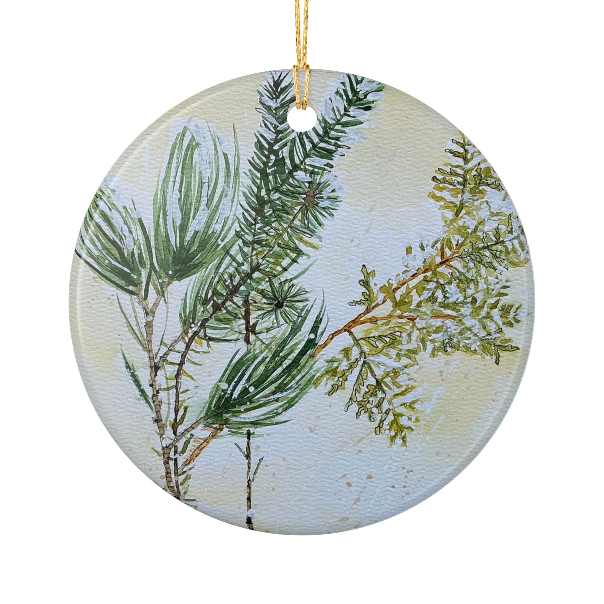 Watercolor Evergreen Ornament — White Pine, Cedar & Tamarack Holiday Decoration