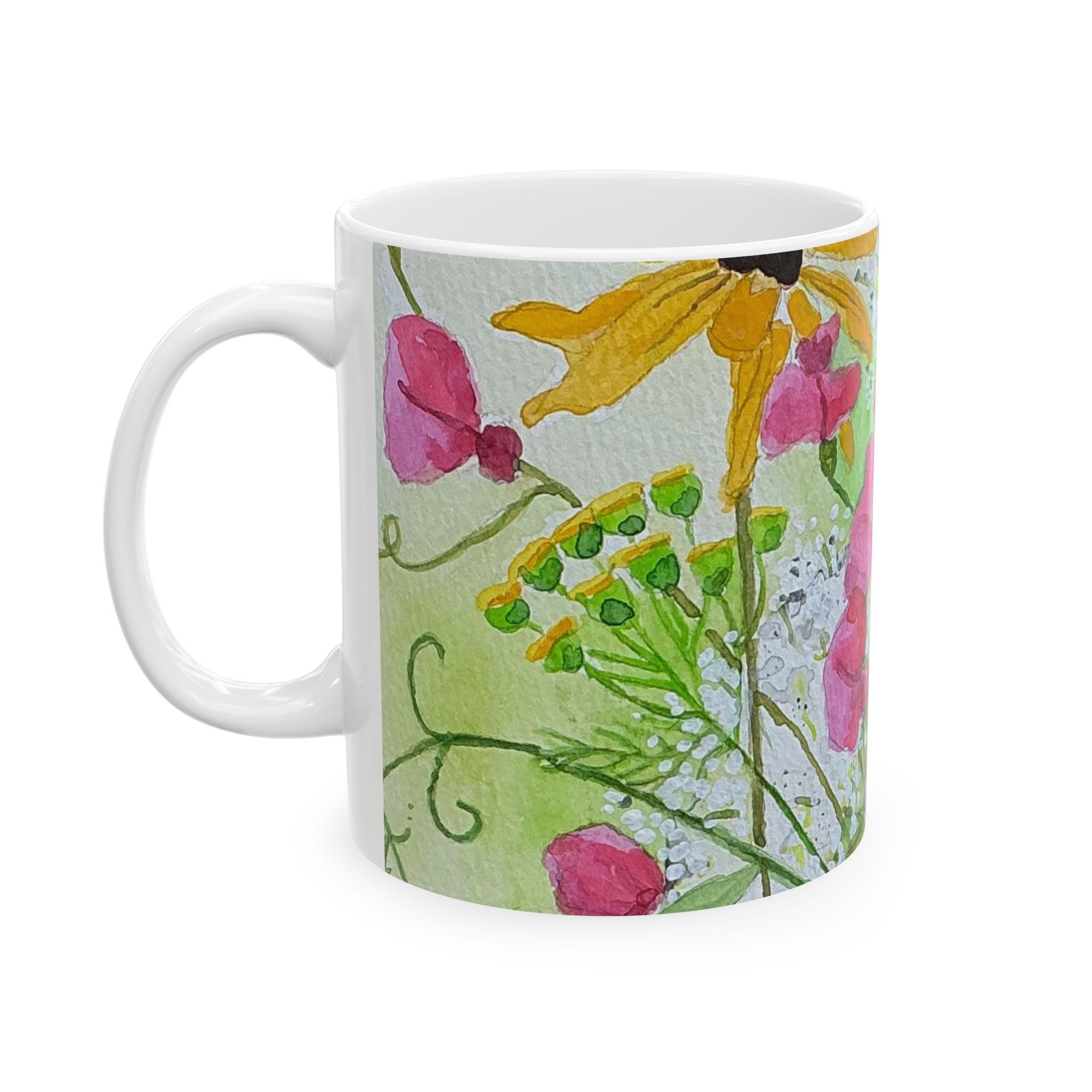 Wildflower Watercolor Ceramic Mug — Sweet Pea, Brown Eyed Susan & Queen Anne's Lace (11oz/15oz)