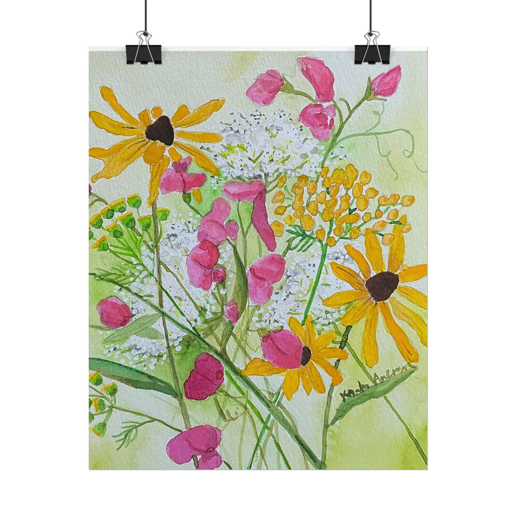 July Michigan Wildflowers Rolled Poster — Brown Eyed Susan, Queen Anne's Lace & Sweet Peas Watercolor
