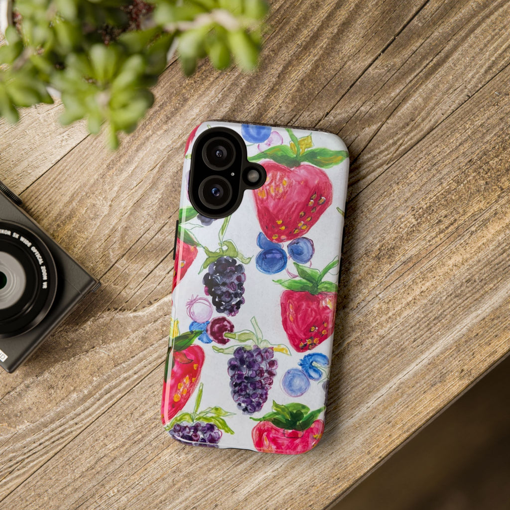 Berry Watercolor Tough Phone Case — Strawberry, Blueberry & Blackberry Protective Cover