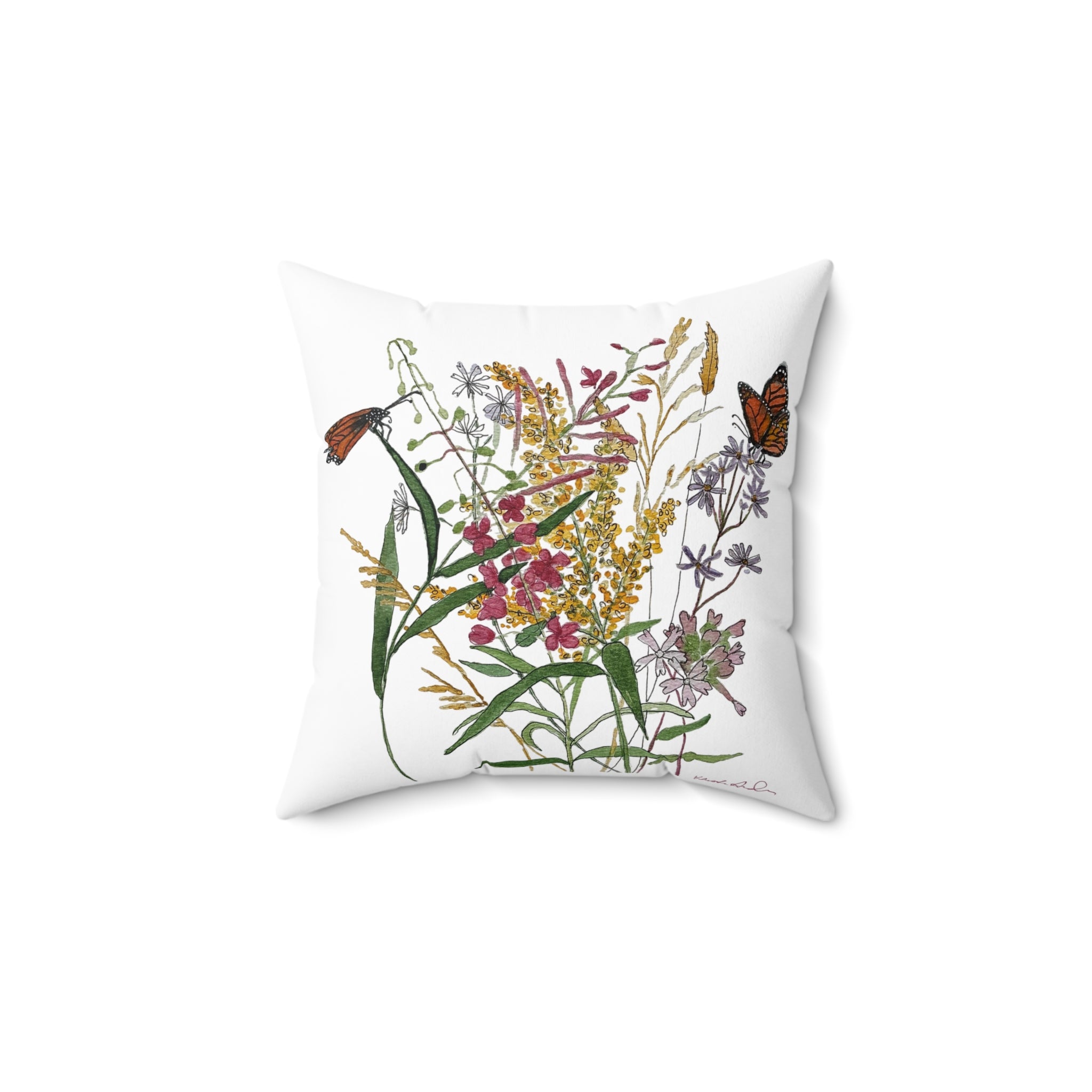 Wildflower & Monarch Pillow — Botanical Square Throw Pillow