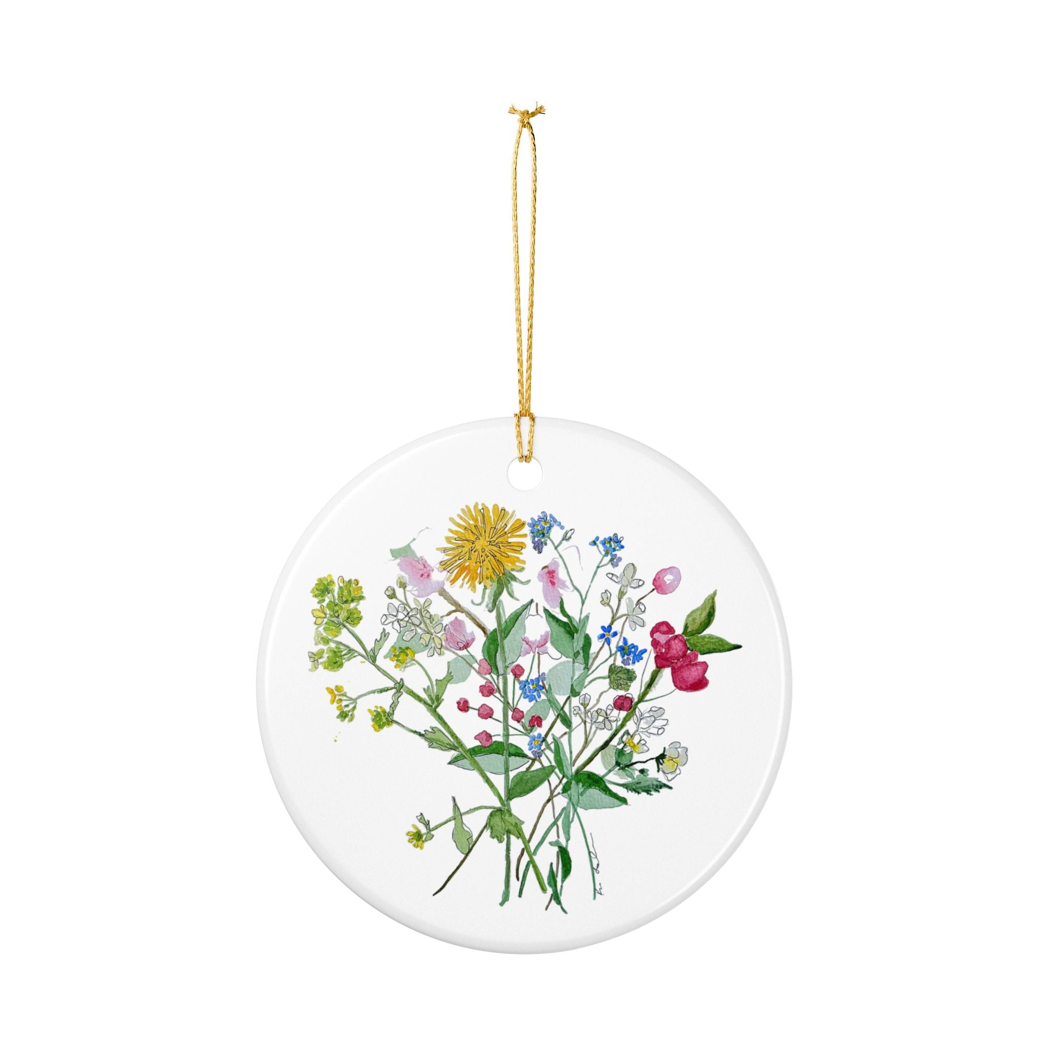 Michigan Wildflowers Ceramic Ornament — Watercolor Dandelion, Apple Blossom & Forget-Me-Not
