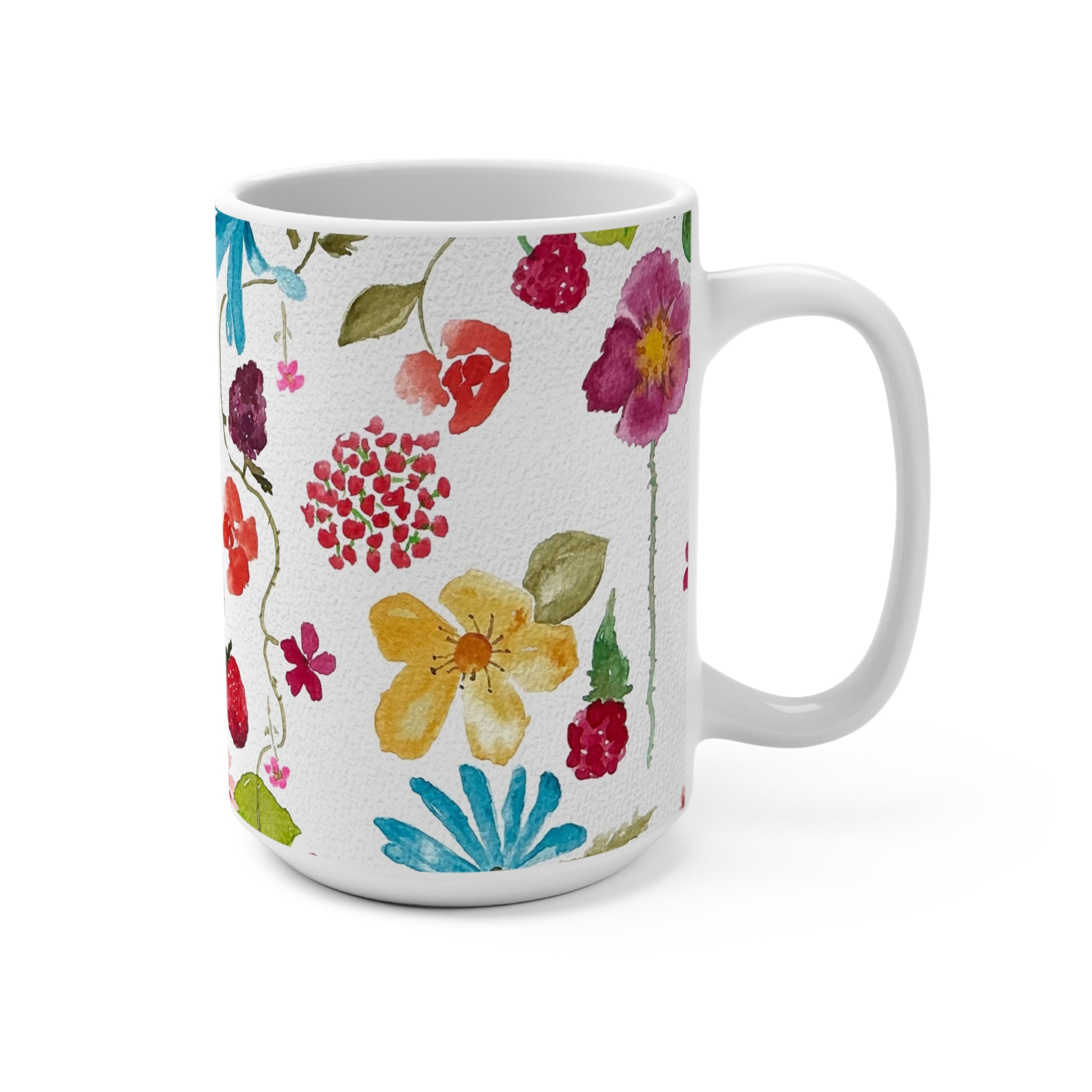 15oz Watercolor Berries & Flowers Mug — Cheerful Bright Floral Berry Coffee Cup