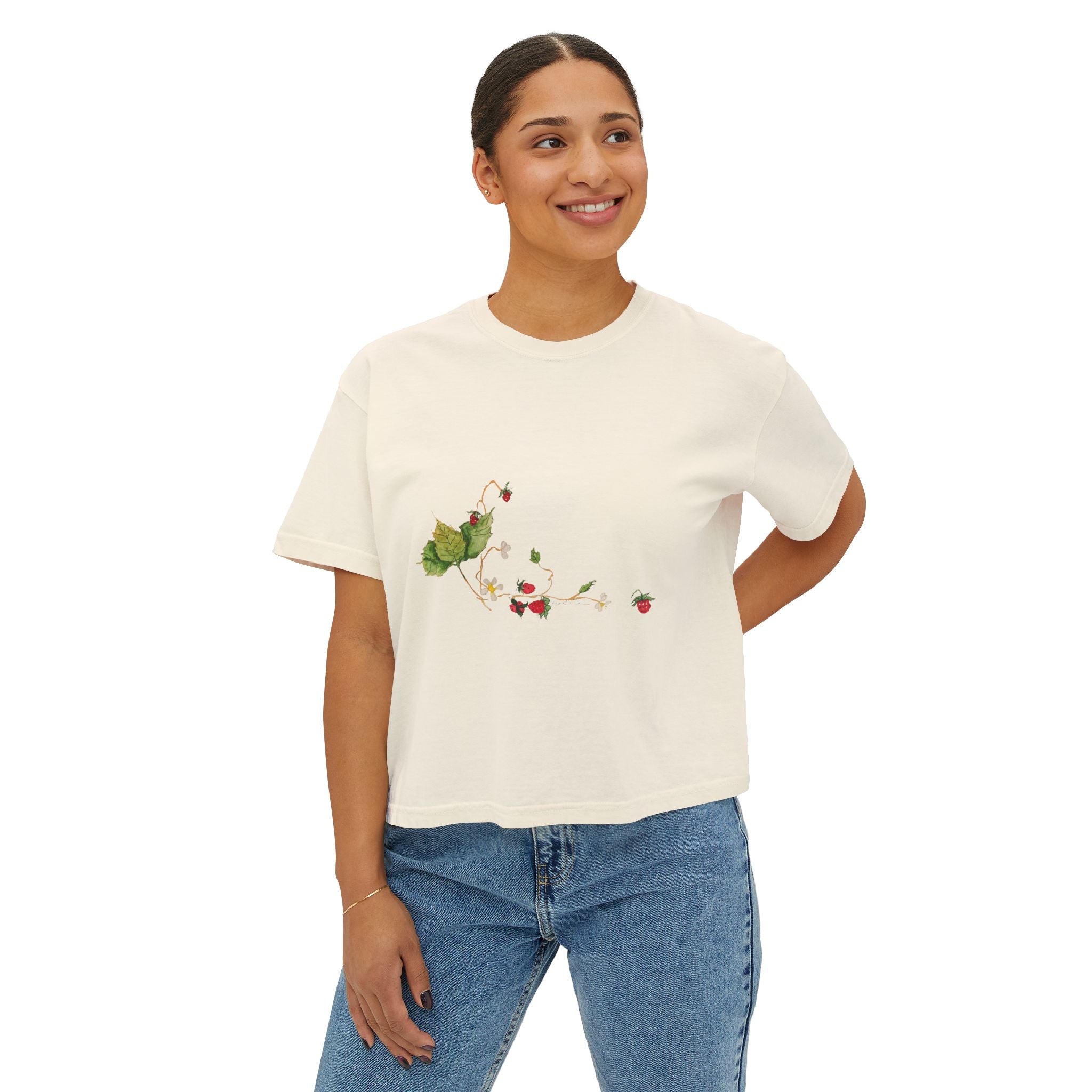 Women's Boxy Tee — Wild Strawberries Watercolor & Ink