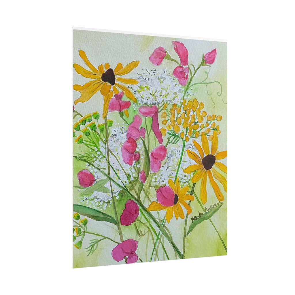 July Michigan Wildflowers Rolled Poster — Brown Eyed Susan, Queen Anne's Lace & Sweet Peas Watercolor