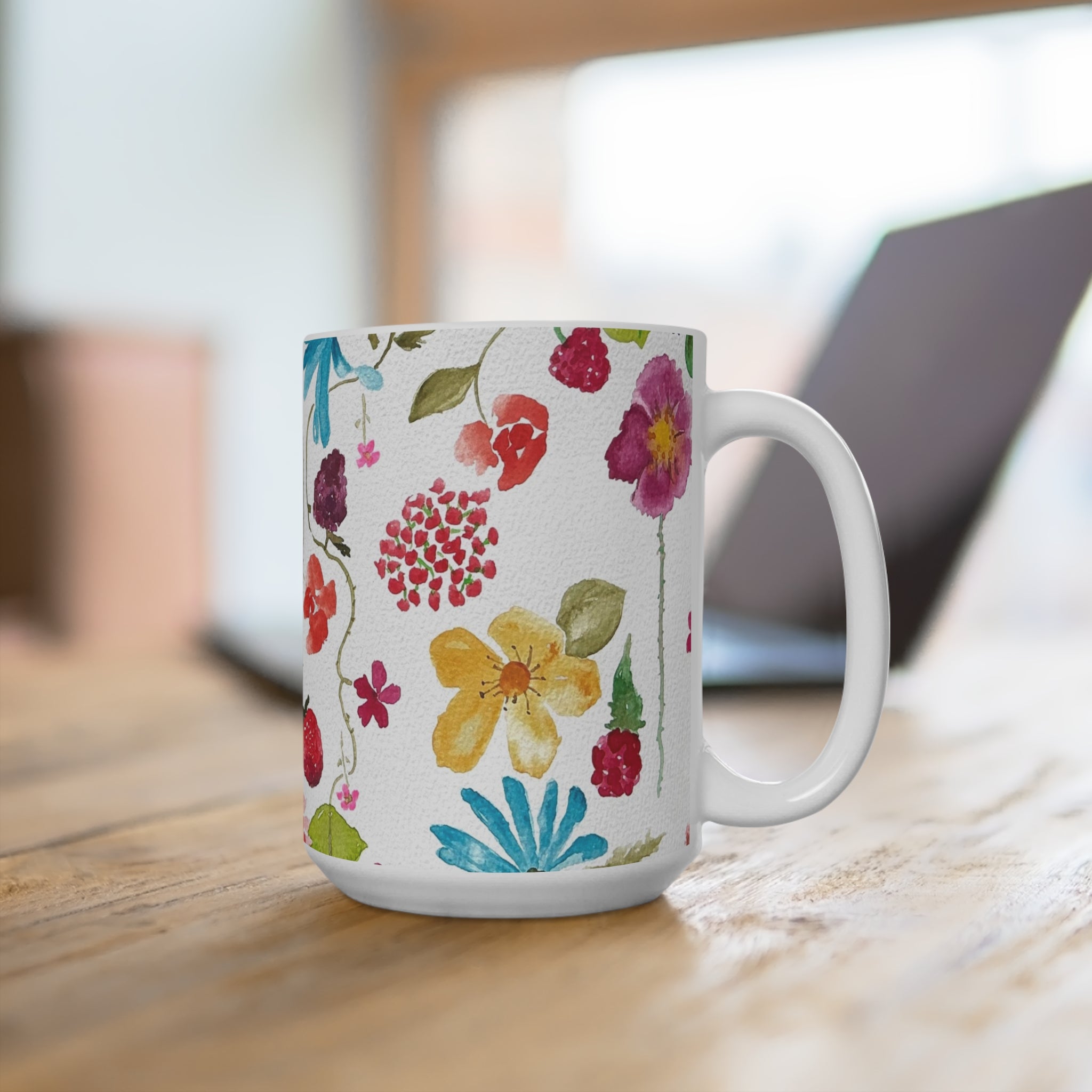 15oz Watercolor Berries & Flowers Mug — Cheerful Bright Floral Berry Coffee Cup
