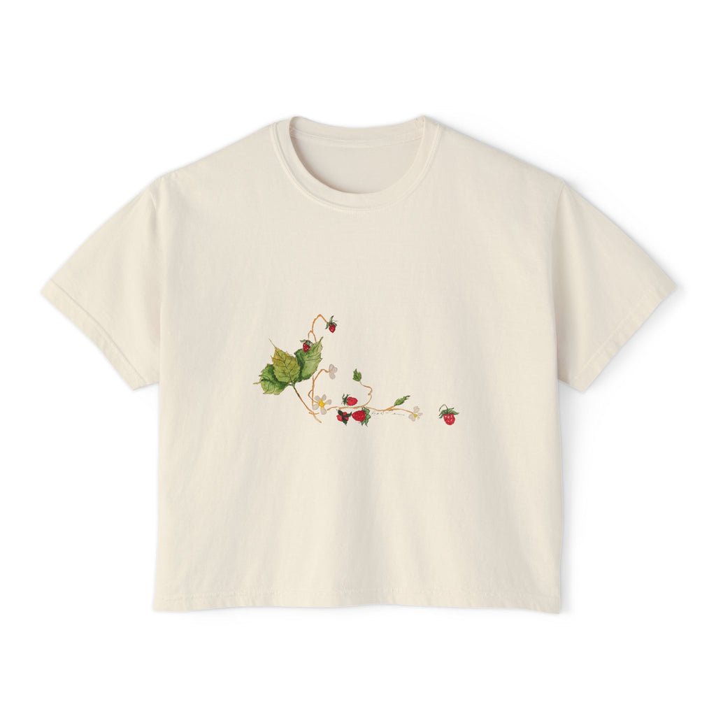 Women's Boxy Tee — Wild Strawberries Watercolor & Ink